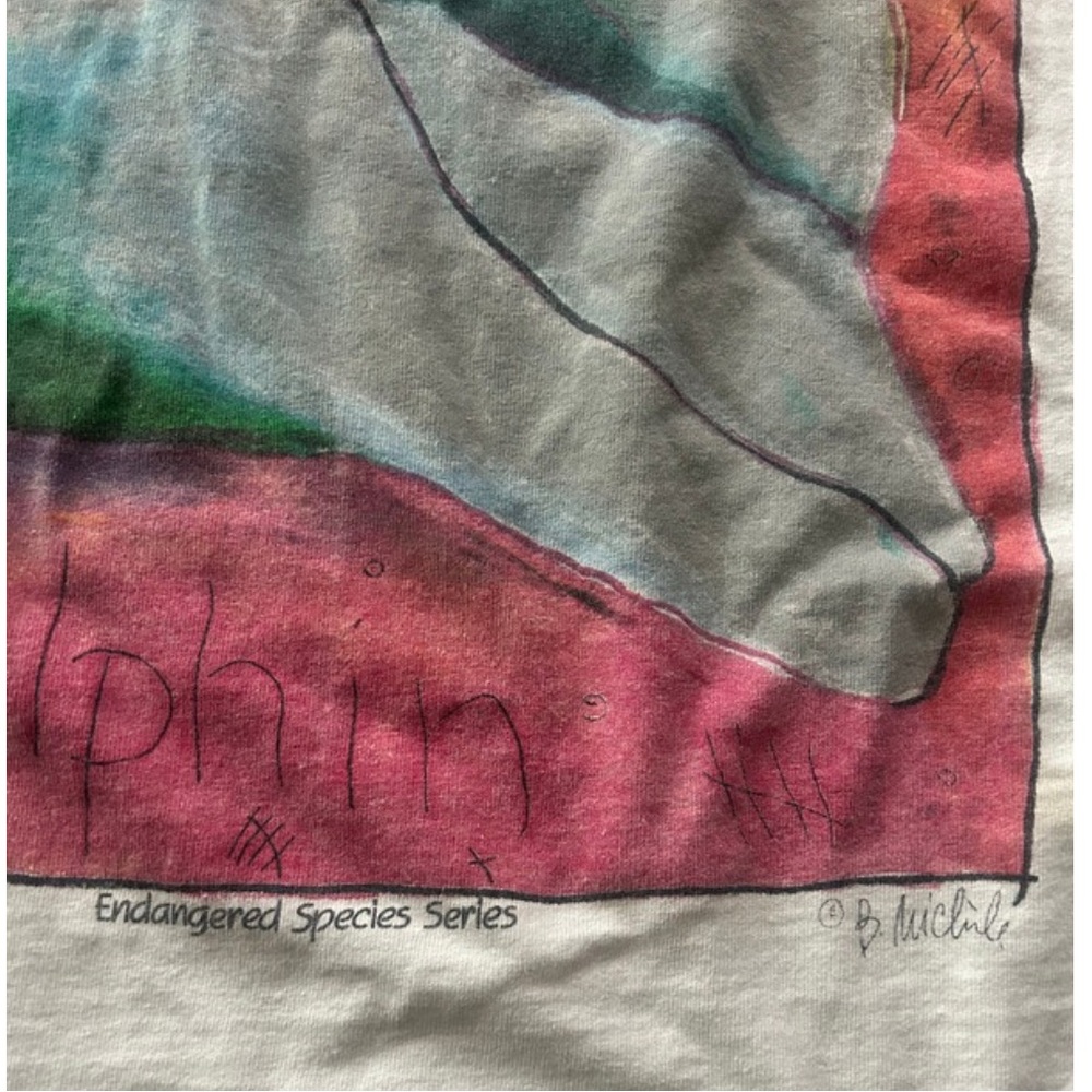 Vintage 90s Fabric Art Endangered Species Series Dolphin T-Shirt | Size L - Picture 4 of 7
